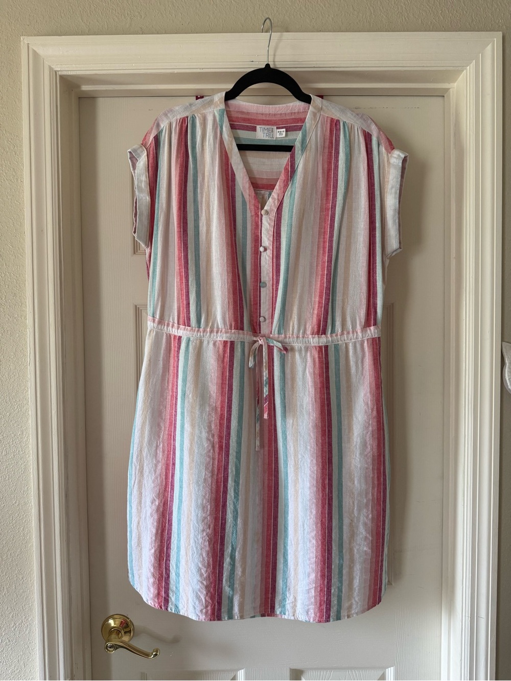 Time and Tru Womens Multicolor Stripe Button-Front Dress with Drawstring Waist